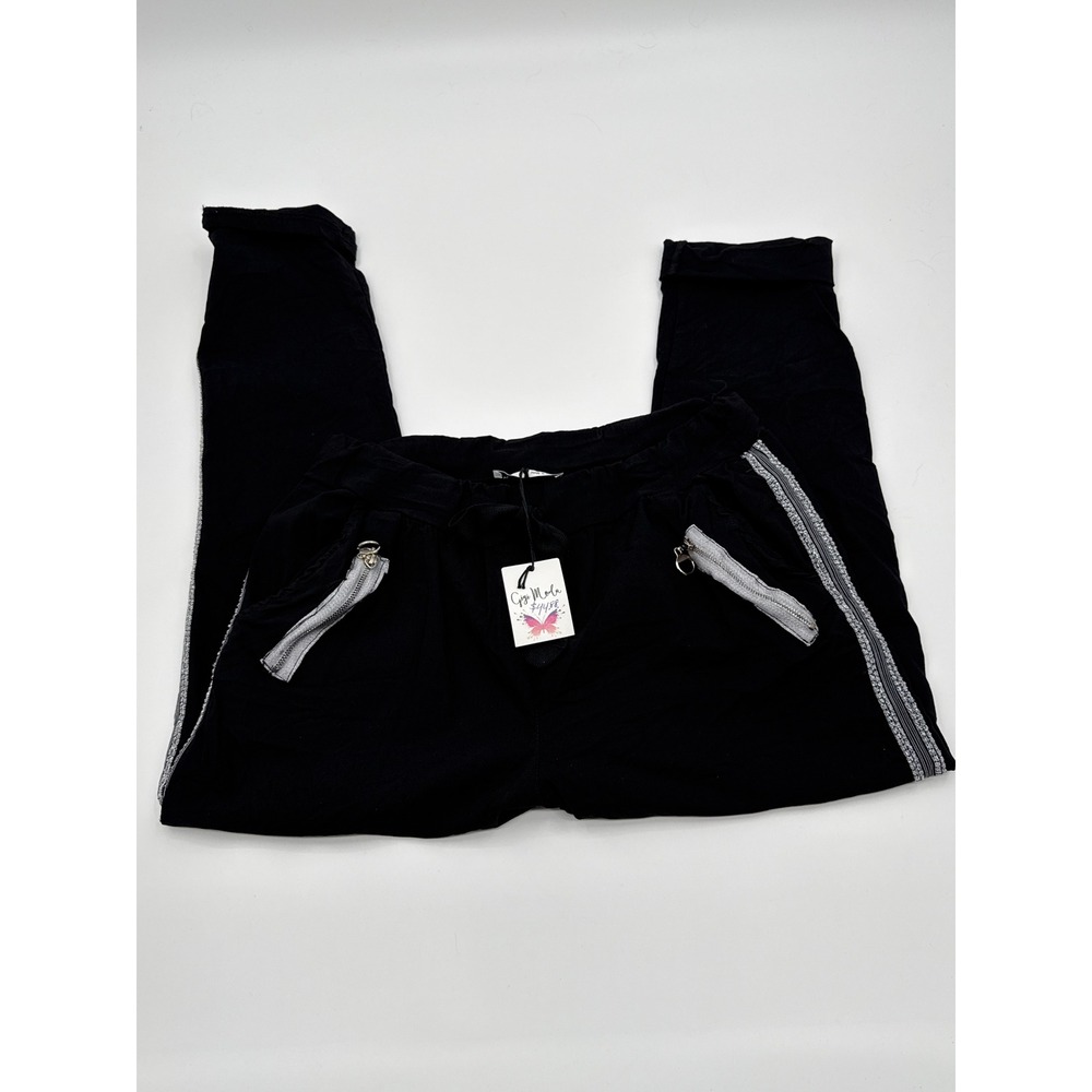 Gigi Moda Italy Womens Black Jogger Pants Silver Glitter Stripe Drawstring New